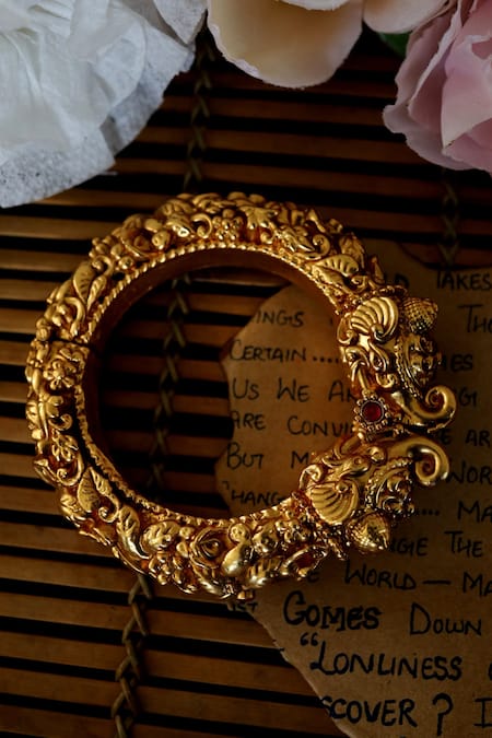Buy_Paisley Pop_Gold Plated Embroidery, Stones Temple Work Embossed Bangle _Online_at_Aza_Fashions