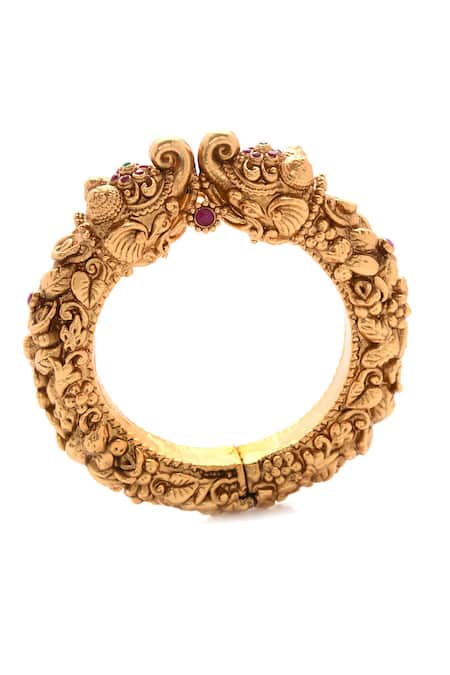 Shop_Paisley Pop_Gold Plated Embroidery, Stones Temple Work Embossed Bangle _Online_at_Aza_Fashions