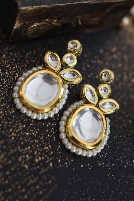 Shop_Paisley Pop_Gold Plated Pearls, Diamonds Heirloom Carved Earrings _at_Aza_Fashions