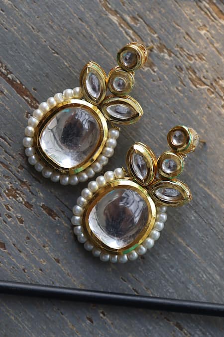 Shop_Paisley Pop_Gold Plated Pearls, Diamonds Heirloom Carved Earrings _Online_at_Aza_Fashions