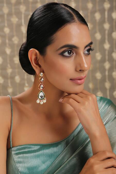 Buy_Paisley Pop_Gold Plated Diamonds, Pearls Tear Drop Carved Earrings _Online_at_Aza_Fashions