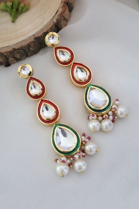 Shop_Paisley Pop_Gold Plated Diamonds, Pearls Tear Drop Carved Earrings _at_Aza_Fashions