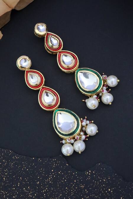 Shop_Paisley Pop_Gold Plated Diamonds, Pearls Tear Drop Carved Earrings _Online_at_Aza_Fashions