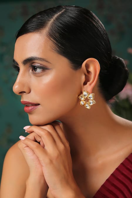 Paisley Pop Gold Plated Diamonds, Stones Floral Cutwork Studs Online at Aza Fashions Paisley Pop_Gold Plated Diamonds, Stones Floral Cutwork Studs _Online_at_Aza_Fashions