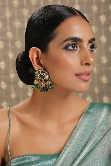 Paisley Pop_Multi Color Stones, Diamonds Zienna Navrattan Kundan Earrings _Online_at_Aza_Fashions