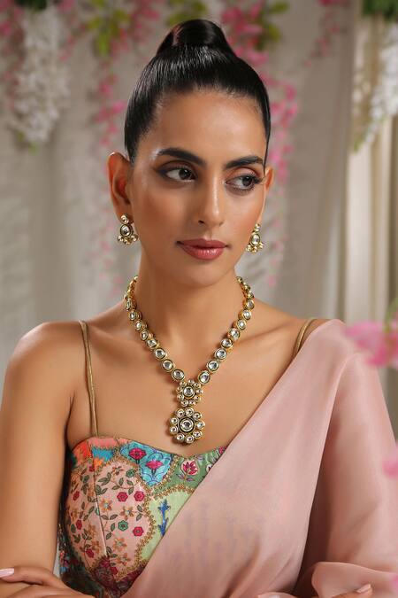 Paisley Pop_Gold Plated Stones Floral Pendant Necklace Set _Online_at_Aza_Fashions