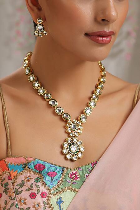 Buy_Paisley Pop_Gold Plated Stones Floral Pendant Necklace Set _Online_at_Aza_Fashions