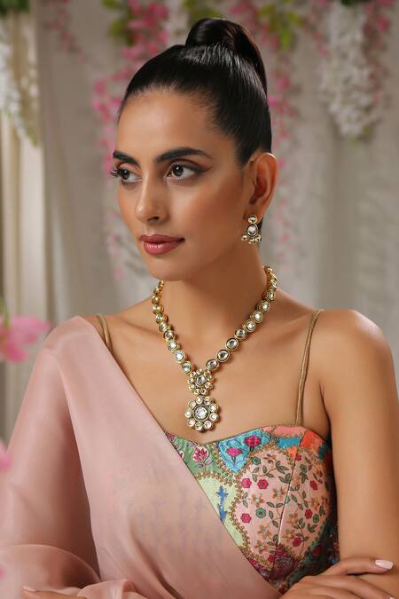 Shop_Paisley Pop_Gold Plated Stones Floral Pendant Necklace Set _Online_at_Aza_Fashions