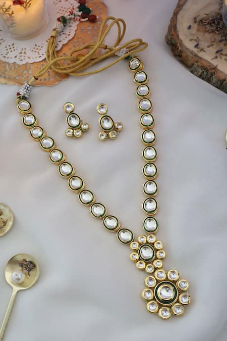 Shop_Paisley Pop_Gold Plated Stones Floral Pendant Necklace Set _at_Aza_Fashions