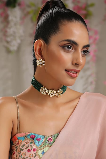 Paisley Pop_Green Stones, Gota Patti Floral Carved Choker Set _Online_at_Aza_Fashions