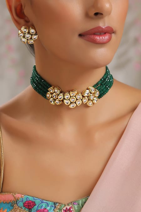 Buy_Paisley Pop_Green Stones, Gota Patti Floral Carved Choker Set _Online_at_Aza_Fashions