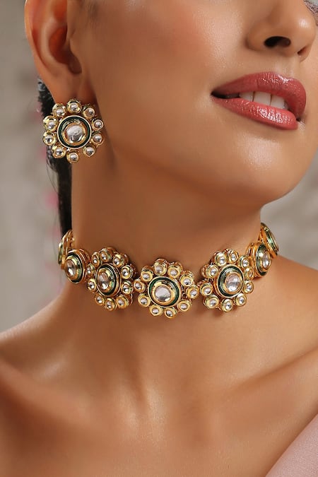 Shop Paisley Pop Gold Plated Floral Cutwork Choker Set Online at Aza Fashions Shop_Paisley Pop_Gold Plated Floral Cutwork Choker Set _Online_at_Aza_Fashions