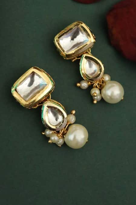 Shop Paisley Pop Gold Plated Pearls, Cut Work Geometric Carved Dangler Earrings at Aza Fashions Shop_Paisley Pop_Gold Plated Pearls, Cut Work Geometric Carved Dangler Earrings _at_Aza_Fashions