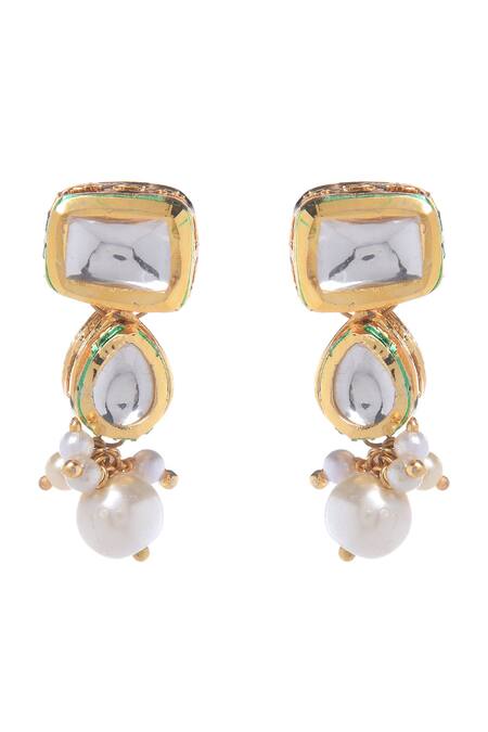 Paisley Pop Gold Plated Pearls, Cut Work Geometric Carved Dangler Earrings Online at Aza Fashions Paisley Pop_Gold Plated Pearls, Cut Work Geometric Carved Dangler Earrings _Online_at_Aza_Fashions