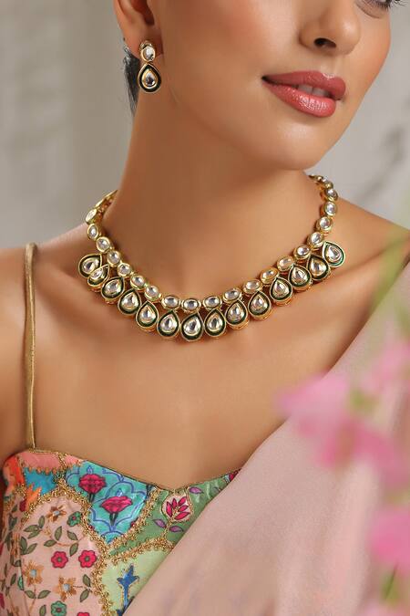 Buy Paisley Pop Gold Plated Diamonds, Stones Tear Drop Carved Necklace Set Online at Aza Fashions Buy_Paisley Pop_Gold Plated Diamonds, Stones Tear Drop Carved Necklace Set _Online_at_Aza_Fashions