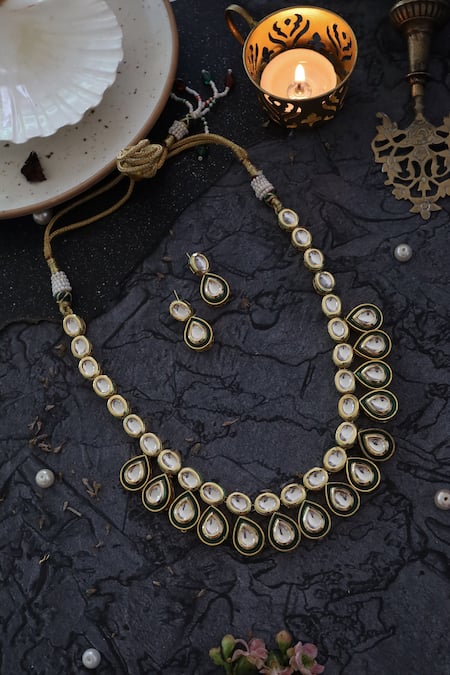 Shop Paisley Pop Gold Plated Diamonds, Stones Tear Drop Carved Necklace Set at Aza Fashions Shop_Paisley Pop_Gold Plated Diamonds, Stones Tear Drop Carved Necklace Set _at_Aza_Fashions