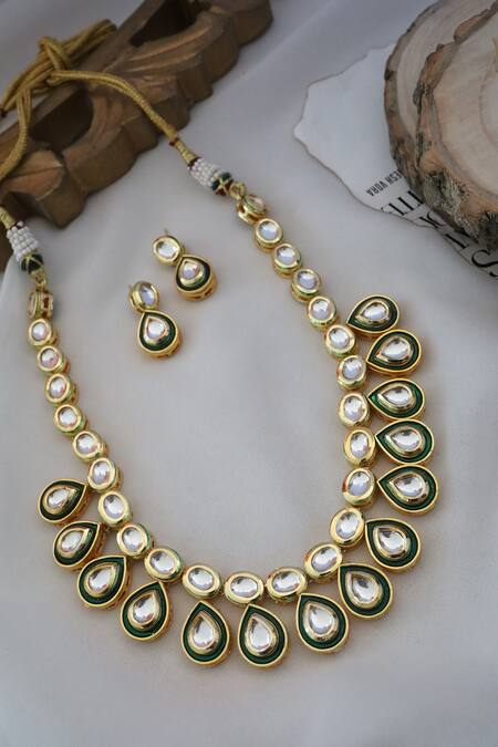 Shop Paisley Pop Gold Plated Diamonds, Stones Tear Drop Carved Necklace Set Online at Aza Fashions Shop_Paisley Pop_Gold Plated Diamonds, Stones Tear Drop Carved Necklace Set _Online_at_Aza_Fashions