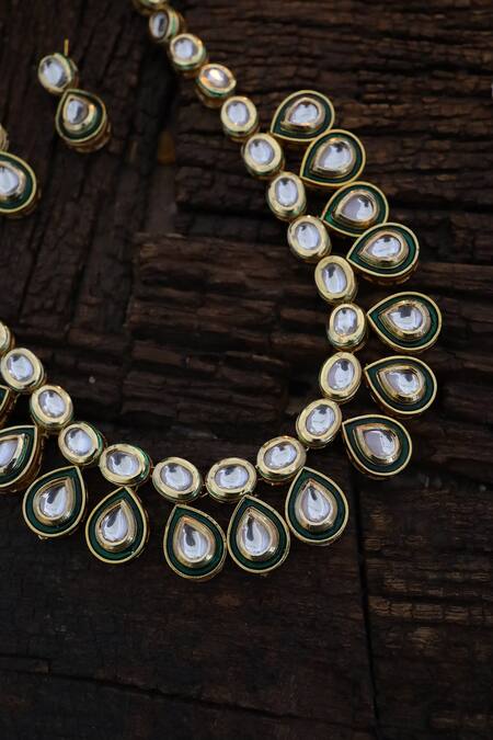 Paisley Pop Gold Plated Diamonds, Stones Tear Drop Carved Necklace Set at Aza Fashions Paisley Pop_Gold Plated Diamonds, Stones Tear Drop Carved Necklace Set _at_Aza_Fashions