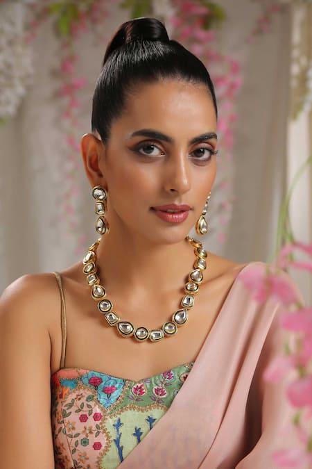 Paisley Pop Gold Plated Diamonds, Stones Geometric Carved Necklace Set Online at Aza Fashions Paisley Pop_Gold Plated Diamonds, Stones Geometric Carved Necklace Set _Online_at_Aza_Fashions