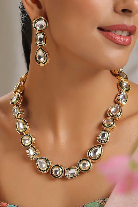 Shop Paisley Pop Gold Plated Diamonds, Stones Geometric Carved Necklace Set Online at Aza Fashions Shop_Paisley Pop_Gold Plated Diamonds, Stones Geometric Carved Necklace Set _Online_at_Aza_Fashions