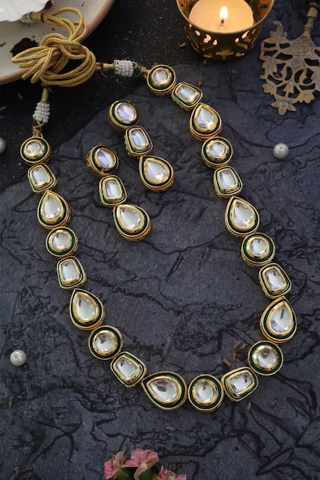 Shop Paisley Pop Gold Plated Diamonds, Stones Geometric Carved Necklace Set at Aza Fashions Shop_Paisley Pop_Gold Plated Diamonds, Stones Geometric Carved Necklace Set _at_Aza_Fashions