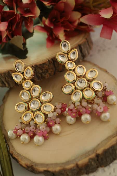Shop_Paisley Pop_Pink Pearls, Stones, Cut Work Pragati Floral Earrings _at_Aza_Fashions