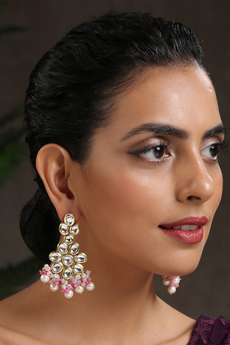 Paisley Pop_Pink Pearls, Stones, Cut Work Pragati Floral Earrings _Online_at_Aza_Fashions
