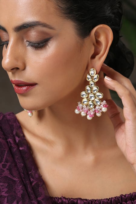 Buy_Paisley Pop_Pink Pearls, Stones, Cut Work Pragati Floral Earrings _Online_at_Aza_Fashions