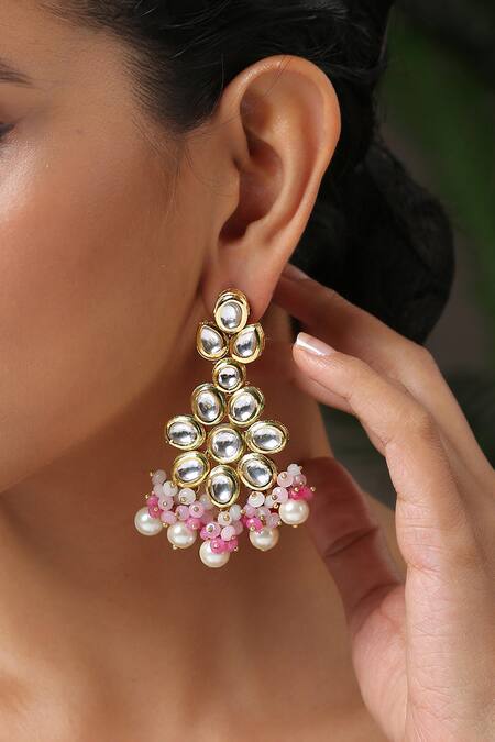 Shop_Paisley Pop_Pink Pearls, Stones, Cut Work Pragati Floral Earrings _Online_at_Aza_Fashions