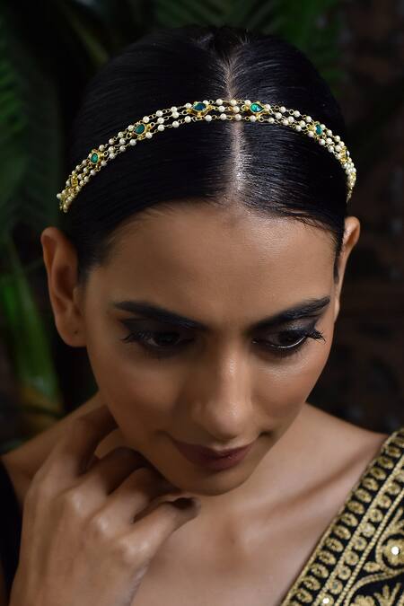 Paisley Pop_Green Kundan Gold Plated Pearl String Headband _Online_at_Aza_Fashions