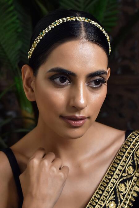 Buy_Paisley Pop_Green Kundan Gold Plated Pearl String Headband _Online_at_Aza_Fashions
