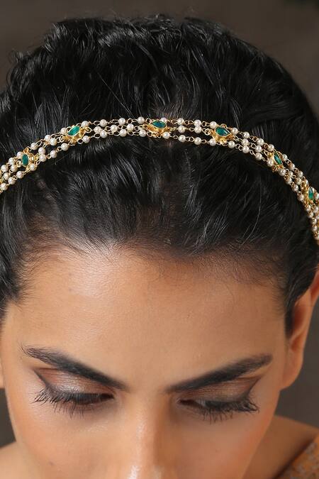 Shop_Paisley Pop_Green Kundan Gold Plated Pearl String Headband _Online_at_Aza_Fashions