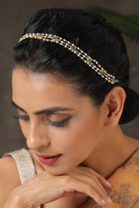 Paisley Pop_Green Kundan Gold Plated Pearl String Headband _at_Aza_Fashions