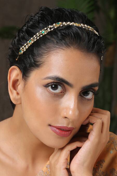 Buy_Paisley Pop_Green Kundan Gold Plated Pearl String Headband 