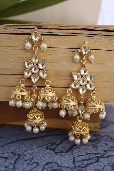 Shop_Paisley Pop_Gold Plated Pearls, Gota Patti Kundan Cutwork Dangler Earrings _at_Aza_Fashions