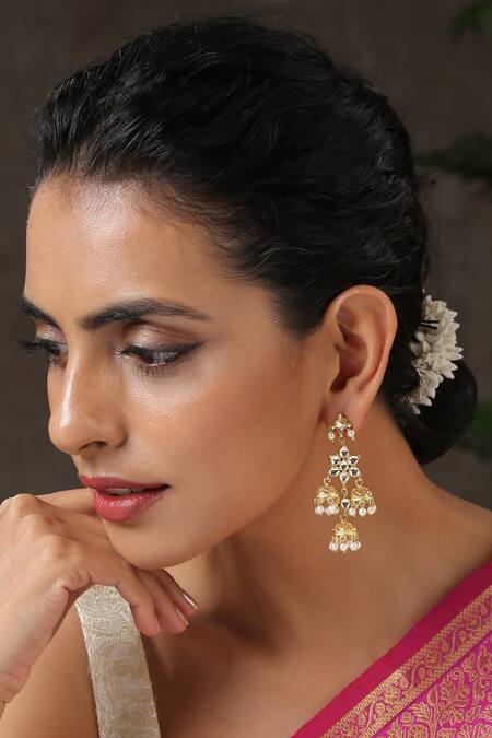 Paisley Pop_Gold Plated Pearls, Gota Patti Kundan Cutwork Dangler Earrings _Online_at_Aza_Fashions