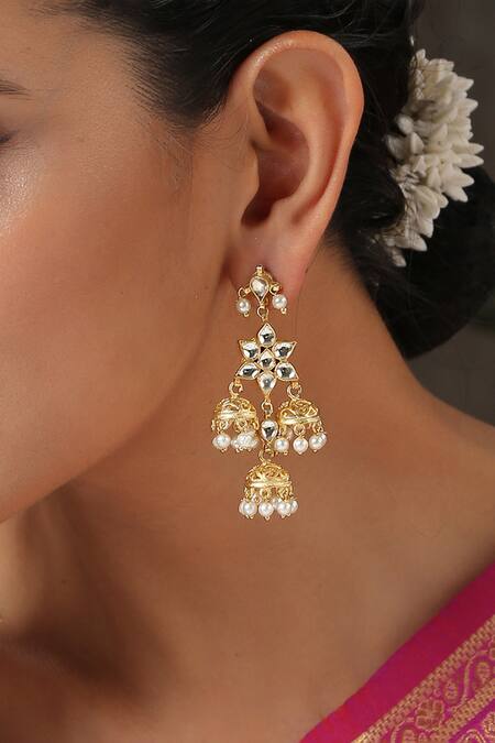 Buy_Paisley Pop_Gold Plated Pearls, Gota Patti Kundan Cutwork Dangler Earrings _Online_at_Aza_Fashions