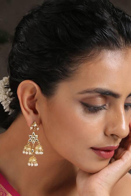 Shop_Paisley Pop_Gold Plated Pearls, Gota Patti Kundan Cutwork Dangler Earrings _Online_at_Aza_Fashions
