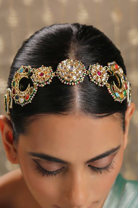Paisley Pop Multi Color Kundan Gold Plated Navrattan Head Band Online at Aza Fashions Paisley Pop_Multi Color Kundan Gold Plated Navrattan Head Band _Online_at_Aza_Fashions