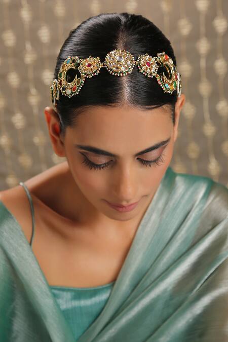 Buy Paisley Pop Multi Color Kundan Gold Plated Navrattan Head Band Online at Aza Fashions Buy_Paisley Pop_Multi Color Kundan Gold Plated Navrattan Head Band _Online_at_Aza_Fashions