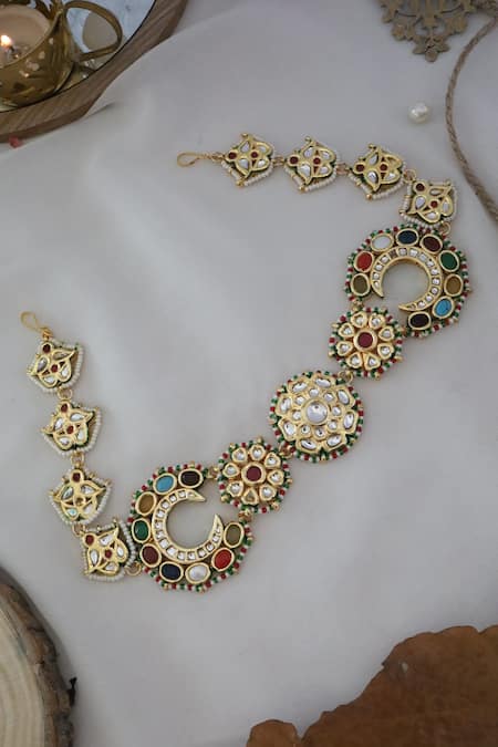 Shop Paisley Pop Multi Color Kundan Gold Plated Navrattan Head Band at Aza Fashions Shop_Paisley Pop_Multi Color Kundan Gold Plated Navrattan Head Band _at_Aza_Fashions