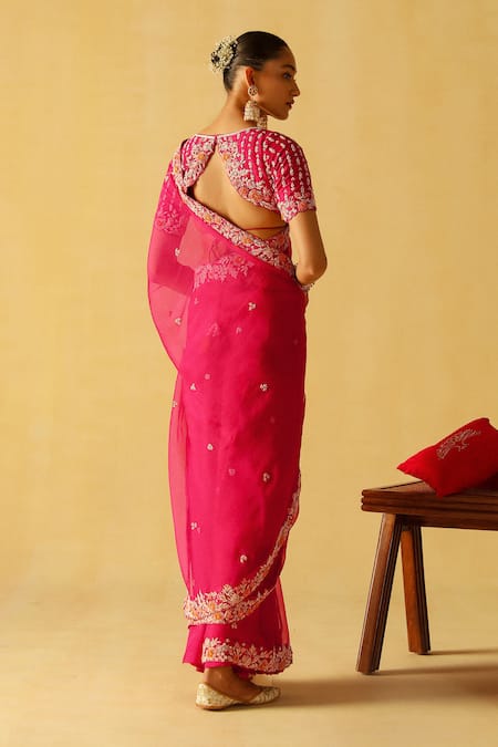 Shop Sheetal Batra Pink Organza, Embroidery Asymmetric Afsa Border Saree With Blouse at Aza Fashions Shop_Sheetal Batra_Pink Organza, Embroidery Asymmetric Afsa Border Saree With Blouse _at_Aza_Fashions
