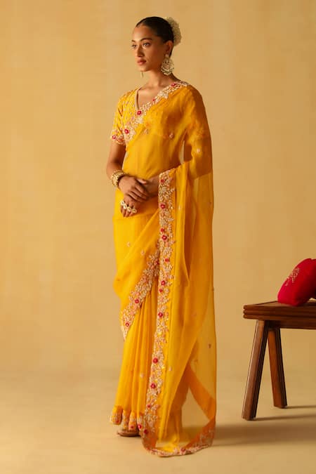 Sheetal Batra_Yellow Organza, Embroidery Afsa Saree With Blouse _Online_at_Aza_Fashions