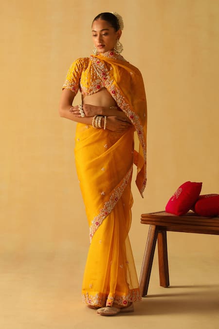 Sheetal Batra_Yellow Organza, Embroidery Afsa Saree With Blouse _at_Aza_Fashions