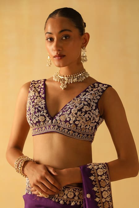 Shop_Sheetal Batra_Purple Organza, Ramie, Embroidery V-neck Hannah Saree With Blouse _Online_at_Aza_Fashions
