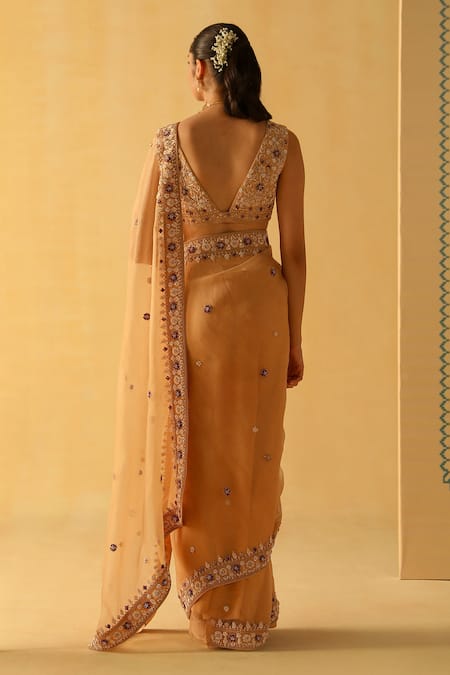 Sheetal Batra_Gold Organza, Embroidery V-neck Hannah Border Saree With Blouse _Online_at_Aza_Fashions