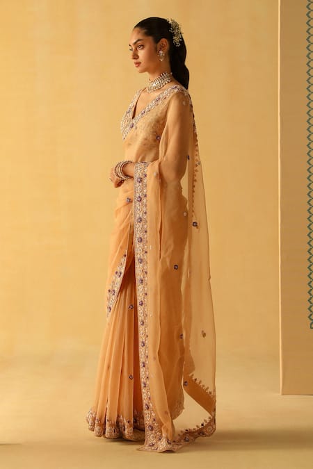 Buy_Sheetal Batra_Gold Organza, Embroidery V-neck Hannah Border Saree With Blouse _Online_at_Aza_Fashions
