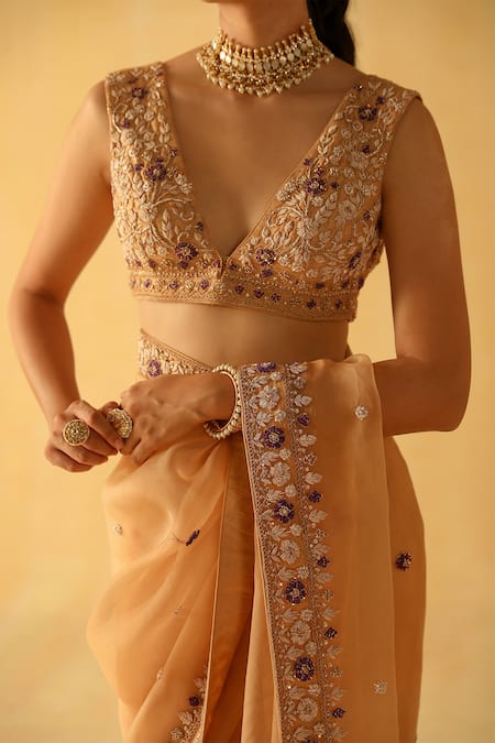 Shop_Sheetal Batra_Gold Organza, Embroidery V-neck Hannah Border Saree With Blouse _Online_at_Aza_Fashions