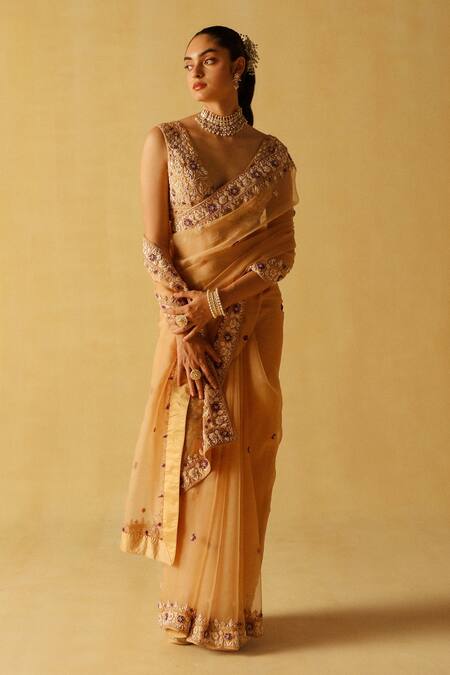 Sheetal Batra_Gold Organza, Embroidery V-neck Hannah Border Saree With Blouse _at_Aza_Fashions