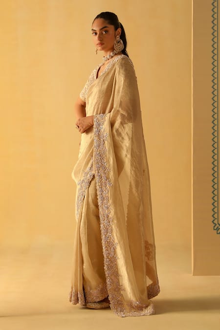 Sheetal Batra_Gold Silk Embroidery V-neck Maheen Handwoven Tissue Saree With Blouse _Online_at_Aza_Fashions